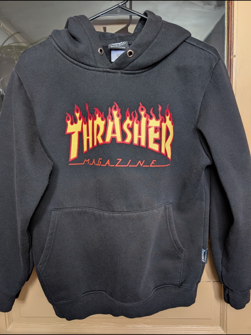 Thrasher Black Pullover Hoodie with Red and Yellow Flame Logo